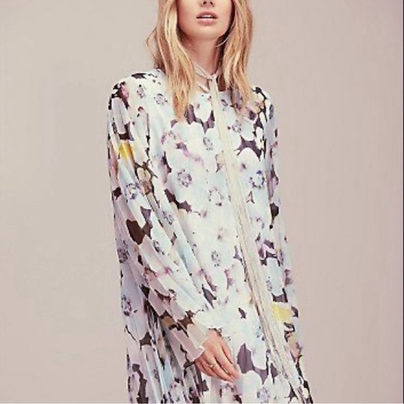 Free People Dresses & Skirts - Free People Caroline Pleated Long Sleeve Multicolored Print Mini Dress Size M